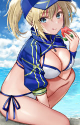 Rule 34 | 1girl, artoria pendragon (fate), baseball cap, bikini, blonde hair, blue eyes, blue hat, blue jacket, breasts, cleavage, cloud, cloudy sky, commentary request, cropped jacket, day, fate/grand order, fate (series), food, fruit, hair between eyes, hair through headwear, hat, highres, holding, holding food, jacket, large breasts, mysterious heroine x (fate), mysterious heroine xx (fate), ocean, on ground, ponytail, seiru (prairie), shrug (clothing), side-tie bikini bottom, sky, solo, swimsuit, watermelon, white bikini, wristband, zipper pull tab