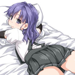 Rule 34 | 10s, 1girl, alternate hairstyle, blush, dd (ijigendd), grey skirt, hair down, kantai collection, long hair, lying, on stomach, ooshio (kancolle), open mouth, pillow, pleated skirt, purple eyes, purple hair, short sleeves, simple background, skirt, solo, suspenders, white background