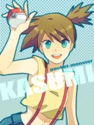 Rule 34 | 1girl, aqua eyes, bad id, bad pixiv id, blue background, brown hair, character name, copyright name, creatures (company), game freak, holding, holding poke ball, midriff, misty (pokemon), nintendo, open mouth, poke ball, pokemon, pokemon (anime), pokemon (classic anime), side ponytail, simple background, smile, solo, suspenders