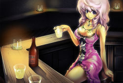 Rule 34 | 1girl, atlus, bar (place), bar stool, barmaid, bottle, breasts, bug, butterfly, candle, cleavage, dress, etrian odyssey, glasses, indoors, insect, jewelry, large breasts, long hair, looking at viewer, missy (sekaiju), mocchisake, narrow waist, necklace, no bra, pink dress, pink eyes, pink hair, pink skirt, sekaiju no meikyuu, sekaiju no meikyuu 3, skirt, smile, solo, stool