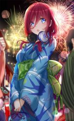 Rule 34 | 1girl, blue eyes, blush, breasts, brown hair, commentary request, fireworks, go-toubun no hanayome, hair between eyes, headphones, headphones around neck, japanese clothes, kimono, large breasts, long sleeves, looking at viewer, medium hair, nakano miku, night, open mouth, outdoors, solo, standing, yukata, yusan