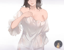 Rule 34 | 1girl, bad id, bad pixiv id, bare shoulders, breast hold, breasts, brown hair, character request, closed mouth, collarbone, feet out of frame, hand on back, hand on own chest, lips, long hair, nightgown, rifu (643763873), solo, warship girls r, white background, white nightgown