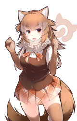 Rule 34 | 1girl, absurdres, animal ears, arms up, blush, breasts, brown eyes, brown gloves, brown hair, brown skirt, brown thighhighs, dhole (kemono friends), elbow gloves, fang, gloves, highres, japari symbol, kanzakietc, kemono friends, large breasts, long hair, looking at viewer, open mouth, simple background, skirt, smile, solo, tail, thighhighs, white background