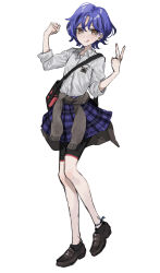 Rule 34 | 1girl, black shorts, brown eyes, character request, closed mouth, clothes around waist, collared shirt, copyright request, full body, hands up, highres, jiz (pffbq), looking at viewer, plaid, plaid skirt, purple hair, purple skirt, shirt, shoes, short hair, shorts, simple background, skirt, smile, solo, standing, standing on one leg, sweater, sweater around waist, tongue, tongue out, v, white background, white shirt