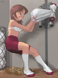 Rule 34 | 1girl, ball, bdsm, bondage, bound, bound arms, bound wrists, bra, brown eyes, brown hair, clenched teeth, crying, crying with eyes open, female focus, full body, gym uniform, highres, indoors, kneehighs, medium hair, no shirt, original, pee, pee stain, peeing, peeing self, puddle, red shorts, school uniform, shoes, shorts, sidelocks, socks, solo, standing, tears, teeth, trapped, underwear, unworn shirt, uwabaki, volleyball (object), water drop, wet, wet clothes, white bra, white footwear, white socks, wooden floor, yzk