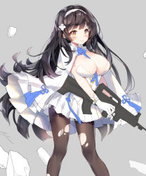 Rule 34 | 1girl, assault rifle, black hair, black pantyhose, blush, breasts, bullpup, cleavage, closed mouth, girls&#039; frontline, gun, hairband, holding, holding gun, holding weapon, large breasts, long hair, looking at viewer, pantyhose, pingo, qbz-95, rifle, skirt, smile, solo, torn clothes, torn pantyhose, type 95 (girls&#039; frontline), unfinished, weapon, white skirt, yellow eyes