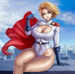 Rule 34 | 1girl, arm support, belt, blonde hair, blue eyes, blue sky, breasts, building, cape, cleavage, cleavage cutout, clenched hand, clothing cutout, cloud, cloudy sky, commentary, covered collarbone, crossed legs, day, dc comics, elbow gloves, flowerxl, gloves, hand up, head tilt, highleg, highleg leotard, large breasts, leotard, light smile, lips, long sleeves, looking at viewer, outdoors, power girl, red cape, shiny skin, short hair, simple background, sitting, sky, solo, superman (series), thighs, turtleneck, white leotard