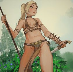 Rule 34 | 1girl, amphibia, bikini, bikini top only, blonde hair, body freckles, breasts, brown bikini, brown eyes, bush, contrapposto, dagger, freckles, gluteal fold, highres, holding, holding dagger, holding knife, holding polearm, holding weapon, knife, mole, mole under eye, mossacannibalis, no panties, open mouth, outdoors, pelvic curtain, pine tree, polearm, ponytail, revealing clothes, reverse grip, sasha waybright, small breasts, solo, standing, swimsuit, tree, weapon