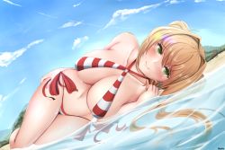 Rule 34 | 1girl, absurdres, beach, bikini, blonde hair, breasts, commentary, day, fate/grand order, fate (series), green eyes, halterneck, highres, huge filesize, jay87k, large breasts, looking at viewer, louds, lying, nero claudius (fate), nero claudius (fate) (all), nero claudius (swimsuit caster) (fate), on side, outdoors, side-tie bikini bottom, sky, smile, swimsuit