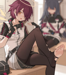 Rule 34 | 2girls, absurdres, animal ears, arknights, barefoot, brown pantyhose, exusiai (arknights), fanning, feet, gloves, halo, highres, jacket, locker, looking at viewer, multiple girls, open mouth, pantyhose, red hair, soles, sweat, sweatdrop, texas (arknights), toes, torn clothes, torn legwear, xssh