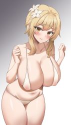 Rule 34 | 1girl, alternate breast size, bikini, blonde hair, blush, breasts, closed mouth, collarbone, covered erect nipples, cunimura1584, curvy, flower, genshin impact, gradient background, grey background, hair flower, hair ornament, hands up, highres, huge breasts, looking at viewer, lumine (genshin impact), micro bikini, navel, raised eyebrows, sidelocks, skindentation, solo, stomach, swimsuit, thighs, white bikini, white flower, yellow eyes