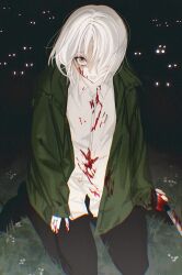 Rule 34 | 1girl, absurdres, black pants, blood, blood on clothes, blood on face, blood on hands, blue eyes, chromatic aberration, collared shirt, commentary, dark, film grain, glowing, glowing eyes, grass, green jacket, hair over one eye, highres, holding, holding knife, holding weapon, jacket, knife, looking at viewer, night, open clothes, open jacket, original, outdoors, pants, parted lips, riroi (rntr ll), shirt, sitting, solo, wariza, weapon, white hair, white shirt