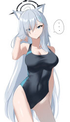 Rule 34 | ..., 1girl, absurdres, animal ear fluff, animal ears, blue archive, blue eyes, breasts, competition swimsuit, covered navel, cross, grey hair, hair ornament, halo, highres, inverted cross, large breasts, long hair, looking at viewer, mismatched pupils, okano yuuto, one-piece swimsuit, shiroko (blue archive), shiroko (swimsuit) (blue archive), shiroko terror (blue archive), simple background, solo, split mouth, swimsuit, wolf ears