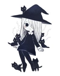 Rule 34 | 1girl, :&lt;, ayu (mog), black border, black dress, black eyes, black outline, black pantyhose, border, cat, closed mouth, dress, greyscale, hair over one eye, hat, long hair, long sleeves, looking at viewer, monochrome, one eye covered, original, outline, pantyhose, sitting, solo, white hair, witch hat