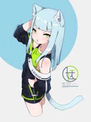 Rule 34 | animal ear fluff, animal ears, arm behind head, arm up, bike shorts, black shirt, black shorts, blouse, blue hair, cat ears, cat tail, from side, green eyes, green tank top, hand on own hip, highres, kuro kosyou, long hair, looking at viewer, off shoulder, open mouth, original, shirt, short shorts, shorts, solo, tail, tank top