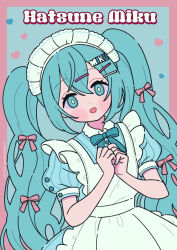 Rule 34 | 1girl, :d, apron, blue background, blue bow, blue dress, blue nails, blush stickers, border, bow, character name, commentary, dress, frilled apron, frills, hair between eyes, hair bow, hair ornament, hairclip, hands up, hatsune miku, heart, highres, leaning to the side, long hair, looking at viewer, maid, maid apron, maid headdress, miku day, nail polish, neki (wakiko), open mouth, own hands together, pink border, pink bow, puffy short sleeves, puffy sleeves, short sleeves, smile, solo, striped clothes, striped dress, twintails, vertical-striped clothes, vertical-striped dress, very long hair, vocaloid, white apron