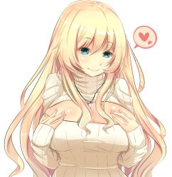 Rule 34 | 10s, 1girl, alternate costume, aqua eyes, atago (kancolle), breast suppress, breasts, cleavage, cleavage cutout, clothing cutout, hands on own chest, heart, kantai collection, koruta (nekoimo), large breasts, long hair, meme attire, open-chest sweater, ribbed sweater, simple background, smile, solo, spoken heart, sweater, turtleneck, upper body, white background