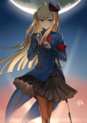Rule 34 | &gt;:), 1girl, armband, black skirt, blonde hair, blue hat, blue jacket, blue sky, brown pantyhose, closed mouth, commentary request, fate/grand order, fate (series), full moon, gloves, gogatsu fukuin, green eyes, hat, highres, jacket, long hair, long sleeves, lord el-melloi ii case files, mini hat, moon, night, night sky, outdoors, pantyhose, peaked cap, pleated skirt, reines el-melloi archisorte, signature, skirt, sky, sleeves past wrists, smile, solo, sword, tilted headwear, v-shaped eyebrows, very long hair, weapon, white gloves