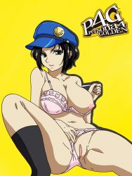 Rule 34 | black hair, bra, breasts, green eyes, hat, highres, large breasts, marie (persona 4), panties, persona, persona 4, persona 4 the golden, pink bra, pink panties, pussy flash, thighs, underwear, yellow background