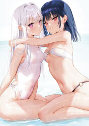 Rule 34 | 2girls, bare shoulders, bikini, black hair, breasts, highres, ichigo-chan (mignon), long hair, looking at viewer, mignon, multiple girls, navel, o-ring, o-ring bikini, original, parted lips, purple eyes, red eyes, shiny skin, shiro-chan (mignon), simple background, sitting, small breasts, stomach, swimsuit, thigh strap, white hair