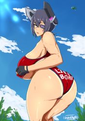 Rule 34 | 1girl, aircraft, airplane, ass, bare arms, bare shoulders, bikini, bikini top only, blue sky, blush, breasts, clothes writing, cloud, dark skin, duo kawa, english text, eyepatch, from behind, headdress, huge ass, huge breasts, kantai collection, lens flare, lifeguard, looking at viewer, looking back, muscular, muscular female, open mouth, outdoors, purple hair, shiny skin, short hair, sky, sweat, swimsuit, tan, tenryuu (kancolle), thick thighs, thighs, underboob, wide hips, yellow eyes