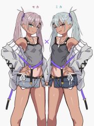 Rule 34 | 1girl, 2girls, armpits, blue hair, blue shorts, blush, closed mouth, collarbone, dog tags, grey background, grey jacket, grey shorts, hair ribbon, hand on own hip, highres, jacket, long hair, looking at viewer, multicolored hair, multiple girls, navel, one-piece tan, open mouth, original, pink hair, purple ribbon, red eyes, ribbon, short shorts, shorts, simple background, smile, solo, standing, takanashi kei (hitsujikan), tan, tanline, twintails, two-tone hair