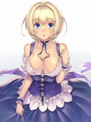 Rule 34 | 1girl, :o, bare shoulders, between breasts, blonde hair, blue eyes, blush, breasts, choker, cleavage, collarbone, corset, dirndl, etrian odyssey, german clothes, gradient background, hair intakes, highres, large breasts, looking at viewer, open mouth, phalanx (sekaiju), sekaiju no meikyuu, sekaiju no meikyuu 3, short hair, simple background, skirt, solo, takamine nadare, white background, wrist cuffs