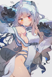 Rule 34 | 1girl, absurdres, ahoge, arm up, blush, breasts, china dress, chinese clothes, closed mouth, commission, covered navel, cowboy shot, detached sleeves, dress, frilled sleeves, frills, grey background, grey hair, hagoromo, hair ornament, heart, heterochromia, highres, long hair, looking at viewer, medium breasts, original, otintin, pelvic curtain, red eyes, shawl, side-tie dress, sideboob, simple background, skeb commission, sleeve cuffs, solo, thighs, white dress, x hair ornament, yellow eyes