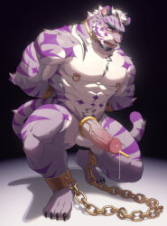 Rule 34 | 1boy, abs, absurdres, animal ears, ankle cuffs, arms behind back, bara, blush, bulge, cock ring, completely nude, cum, cumdrip, diamond (shape), erection, facial hair, forked eyebrows, full body, furry, furry male, goatee, highres, large pectorals, long hair, male focus, mature male, multicolored hair, muscular, muscular male, navel, navel hair, nipple piercing, nipple rings, nipples, nude, original, pectorals, penis, piercing, ponytail, purple fur, sadiend, sex toy, solo, squatting, stomach, streaked hair, thick eyebrows, thick thighs, thighs, tiger boy, tiger ears, torogao, uiokv, urethral insertion, veins, veiny penis, white hair, yellow eyes