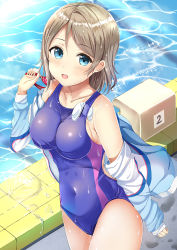 Rule 34 | 1girl, :d, bare shoulders, blue eyes, blue one-piece swimsuit, blush, breasts, collarbone, commentary request, covered navel, day, from side, goggles, hair between eyes, hand up, highres, holding, holding goggles, jacket, light brown hair, long hair, long sleeves, looking at viewer, love live!, love live! sunshine!!, medium breasts, morerin, object in clothes, object in swimsuit, off shoulder, one-piece swimsuit, open clothes, open jacket, open mouth, outdoors, parted bangs, pool, poolside, sleeves past wrists, smile, solo, standing, swept bangs, swimsuit, swimsuit under clothes, watanabe you, wet, wet clothes, wet hair, wet swimsuit