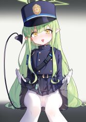 Rule 34 | 1girl, absurdres, belt, black belt, black hat, black jacket, black skirt, black tail, blue archive, blush, bongnom, buttons, demon tail, double-breasted, earrings, feet out of frame, green hair, green halo, halo, hat, hikari (blue archive), highres, jacket, jewelry, long hair, long sleeves, looking at viewer, open mouth, pantyhose, peaked cap, pleated skirt, pointy ears, sidelocks, single earring, sitting, skirt, solo, tail, textless version, white pantyhose, yellow eyes