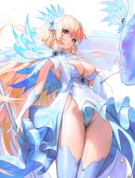 Rule 34 | 1girl, 1other, absurdres, blonde hair, blue thighhighs, breasts, cleavage, closed mouth, commentary, cowboy shot, detached collar, dress, english commentary, eyelashes, frilled dress, frills, gloves, hair ornament, highleg, highleg leotard, highres, holding, holding staff, kou (kokounene), large breasts, leotard, long hair, looking at viewer, original, purple eyes, staff, thighhighs, thighs, white background, white dress, white gloves