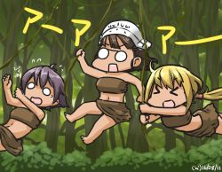 Rule 34 | &gt; &lt;, 10s, 3girls, :d, blonde hair, brown hair, commentary, dated, closed eyes, flying sweatdrops, forest, glasses, hamu koutarou, hat, kantai collection, leather skirt, long hair, midriff, multiple girls, nature, o o, opaque glasses, open mouth, pince-nez, purple hair, roma (kancolle), sakawa (kancolle), sarong, satsuki (kancolle), short hair, smile, solid circle eyes, swinging, twintails, xd