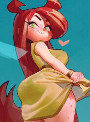Rule 34 | 1girl, betilla (rayman), bracelet, clothes lift, dress, dress lift, fairy, fairy wings, freckles, green eyes, heart, highres, jewelry, long hair, rayman origins, red hair, solo, wamudraws, wings