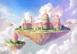 Rule 34 | building, cloud, commission, day, floating island, fountain, garutaisa, grass, no humans, outdoors, scenery