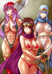 Rule 34 | 3girls, abs, axe, bad id, bad pixiv id, battle axe, bikini, blue eyes, blue hair, breasts, brown eyes, brown hair, cape, chunsoft, circlet, dragon quest, dragon quest iii, enix, helmet, highleg, highleg bikini, highleg swimsuit, highres, large breasts, lips, lipstick, long hair, makeup, micro bikini, multiple girls, navel, pubic hair, purple hair, roto (dq3), sage (dq3), shield, short hair, slingshot swimsuit, smile, soldier (dq3), staff, swimsuit, sword, weapon, wide hips, yamakumo