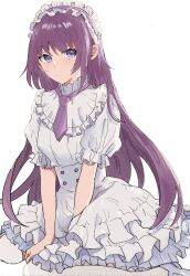 Rule 34 | 1girl, alternate costume, blue eyes, blush, closed mouth, collar, dress, eyelashes, frilled collar, frilled dress, frilled hairband, frills, hairband, highres, long hair, looking at viewer, maid day, maid headdress, monogatari (series), necktie, pantyhose, puffy short sleeves, puffy sleeves, purple hair, purple necktie, senjougahara hitagi, short sleeves, sidelocks, simple background, sitting, solo, valhalla0707, wariza, white background, white dress, white pantyhose