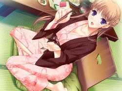 Rule 34 | 10s, 1girl, breasts, brown hair, chopsticks, cleavage, double bun, female focus, food, game cg, happy, japanese clothes, kimono, komori kei, large breasts, long hair, looking at viewer, noel maresse ascot, open mouth, pillow, purple eyes, sitting, smile, solo, table, walkure romanze, walkure romanze more &amp; more