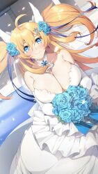 Rule 34 | 1girl, :&gt;, absurdres, alternate costume, artist request, blonde hair, blue eyes, breasts, bridal bouquet, bride, cleavage, covered navel, dress, earrings, elbow gloves, flower, gloves, high heels, highres, huge breasts, jewelry, lilith-soft, long hair, looking at viewer, nude, official alternate costume, official art, onizaki kirara, phone wallpaper, simple background, taimanin (series), taimanin rpgx, twintails, wallpaper, wedding dress