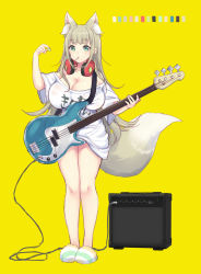 Rule 34 | 1girl, amplifier, animal ear fluff, animal ears, bass guitar, blush, bottomless, breasts, cleavage, clothes writing, convenient censoring, extra ears, fox ears, fox tail, full body, green eyes, headphones, headphones around neck, highres, huge breasts, instrument, long hair, looking at viewer, miyano ururu, naked shirt, no panties, off-shoulder shirt, off shoulder, original, partially translated, plectrum, shirt, simple background, slippers, solo, tail, translation request, white shirt, yellow background