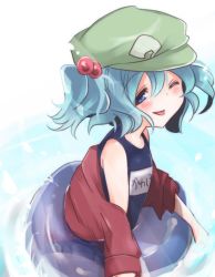 Rule 34 | 1girl, alternate costume, bad id, bad pixiv id, blue eyes, blue hair, female focus, hair bobbles, hair ornament, hat, kawashiro nitori, matching hair/eyes, one-piece swimsuit, one eye closed, pikojirokurao, school swimsuit, solo, swimsuit, tongue, touhou, twintails, two side up, wink