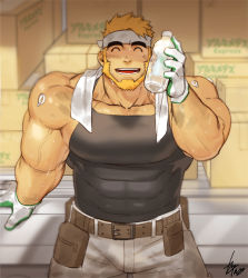 Rule 34 | 1boy, ^ ^, bara, bare shoulders, beard, black tank top, blonde hair, bottle, bulge, character request, closed eyes, covered abs, covered navel, cowboy shot, dirty, dirty clothes, dirty face, closed eyes, facial hair, gloves, gomtang, headband, holding, holding bottle, large pectorals, live a hero, male focus, mature male, muscular, muscular male, pants, pectorals, short hair, sidepec, solo, sweat, tank top, thick eyebrows, veins, white pants