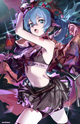 Rule 34 | 1girl, absurdres, arm out of sleeve, arm tattoo, arm up, artist name, bike shorts, black bra, black coat, black skirt, black thighhighs, blue eyes, blue hair, bra, bracer, breasts, coat, collar, digital stars 2022, digital stars miku, digital stars miku (2022), glint, gohanduck, hatsune miku, headphones, highres, holding, holding microphone stand, long hair, looking at viewer, microphone, microphone stand, midriff, navel, open mouth, ribbon, skirt, small breasts, solo, spiked collar, spikes, tattoo, thighhighs, twintails, underwear, vocaloid
