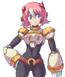 Rule 34 | 1girl, android, belt, blue eyes, bodysuit, breasts, capcom, cowboy shot, hair between eyes, hand on own hip, headgear, headset, multicolored hair, nana (mega man x: command mission), pink hair, robot ears, mega man (series), mega man x (series), mega man x: command mission, short hair, simple background, smile, solo, two-tone hair, white background, white hair, yuusuke (5yusuke3)