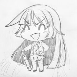 Rule 34 | 1girl, :d, ^ ^, blunt bangs, chibi, closed eyes, full body, graphite (medium), hand on weapon, highres, long hair, necktie, open mouth, photo (medium), protagonist 2 (housamo), school uniform, sidelocks, skirt, smile, solo, sword, thighhighs, tokyo houkago summoners, traditional media, uden (udeden odon), v-shaped eyebrows, weapon