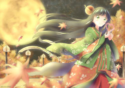 Rule 34 | 1girl, absurdres, alternate costume, autumn, autumn leaves, black hair, blunt bangs, closed mouth, commentary request, cowboy shot, crescent, crown, flat chest, floral print, full moon, gochuumon wa usagi desu ka?, green eyes, heart, highres, japanese clothes, kimono, lamppost, layered clothes, layered kimono, leaf, long hair, long sleeves, looking at viewer, moon, night, outdoors, own hands together, print kimono, sheimin, sky, smile, solo, standing, star (sky), starry sky, tree, twitter username, ujimatsu chiya, very long hair, wide sleeves, wind