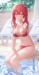Rule 34 | 1girl, absurdres, bikini, blunt bangs, breasts, clenched teeth, commentary request, halterneck, heterochromia, highres, hololive, houshou marine, houshou marine (summer), large breasts, navel, pink eyes, pool, red bikini, red hair, short hair, sitting, solo, starblue, string bikini, swimsuit, teeth, twintails, v, virtual youtuber, water, yellow eyes