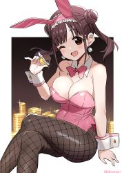 Rule 34 | 1girl, animal ears, bow, bowtie, breasts, brown eyes, brown hair, chocolate coin, cleavage, coin, crossed legs, detached collar, double bun, fake animal ears, feet out of frame, fishnet pantyhose, fishnets, grey pantyhose, hair bun, head tilt, idolmaster, idolmaster shiny colors, leotard, long hair, medium breasts, one eye closed, pantyhose, pink bow, pink bowtie, pink leotard, playboy bunny, rabbit ears, rabbit girl, shisoneri, short twintails, sitting, smile, solo, sonoda chiyoko, strapless, strapless leotard, twintails, twitter username, wrist cuffs