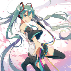 Rule 34 | 1girl, aqua eyes, aqua hair, bare shoulders, black thighhighs, detached collar, hair ornament, hatsune miku, huanxiang heitu, long hair, long sleeves, microphone, microphone stand, one eye closed, open mouth, petals, shirt, skirt, smile, solo, thighhighs, twintails, very long hair, vocaloid, wide sleeves, wind, zettai ryouiki