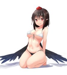 Rule 34 | 1girl, absurdres, arms behind back, bare legs, barefoot, bikini, black bikini, black hair, black wings, breasts, breasts apart, front-tie bikini top, front-tie top, full body, hat, highres, licking lips, looking at viewer, mismatched bikini, navel, pointy ears, red eyes, shameimaru aya, side-tie bikini bottom, solo, stomach, string bikini, swimsuit, tokin hat, tongue, tongue out, touhou, white bikini, wings, yusake san